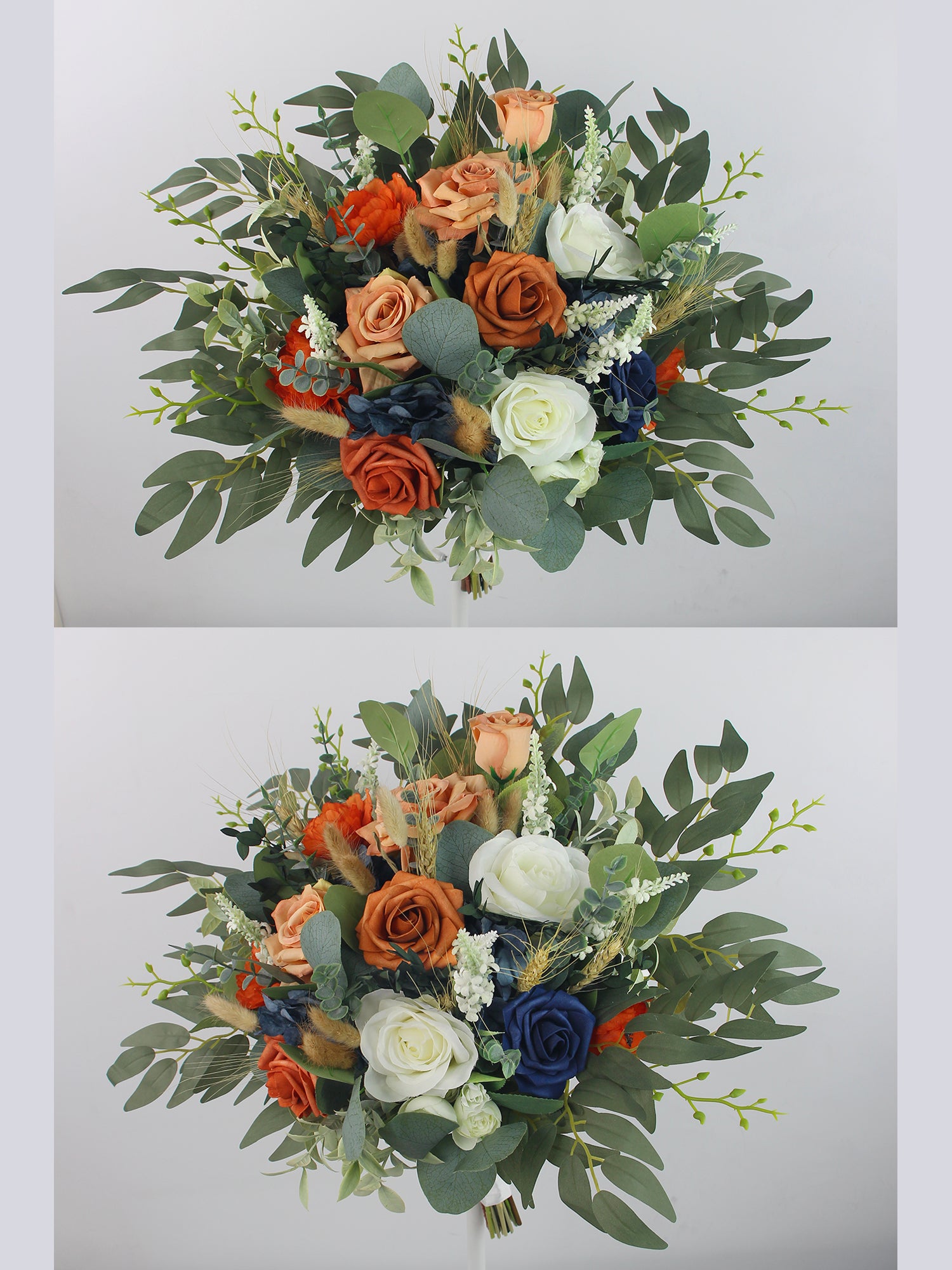 14 inch wide Navy Blue & Burnt Orange Bridal Bouquet