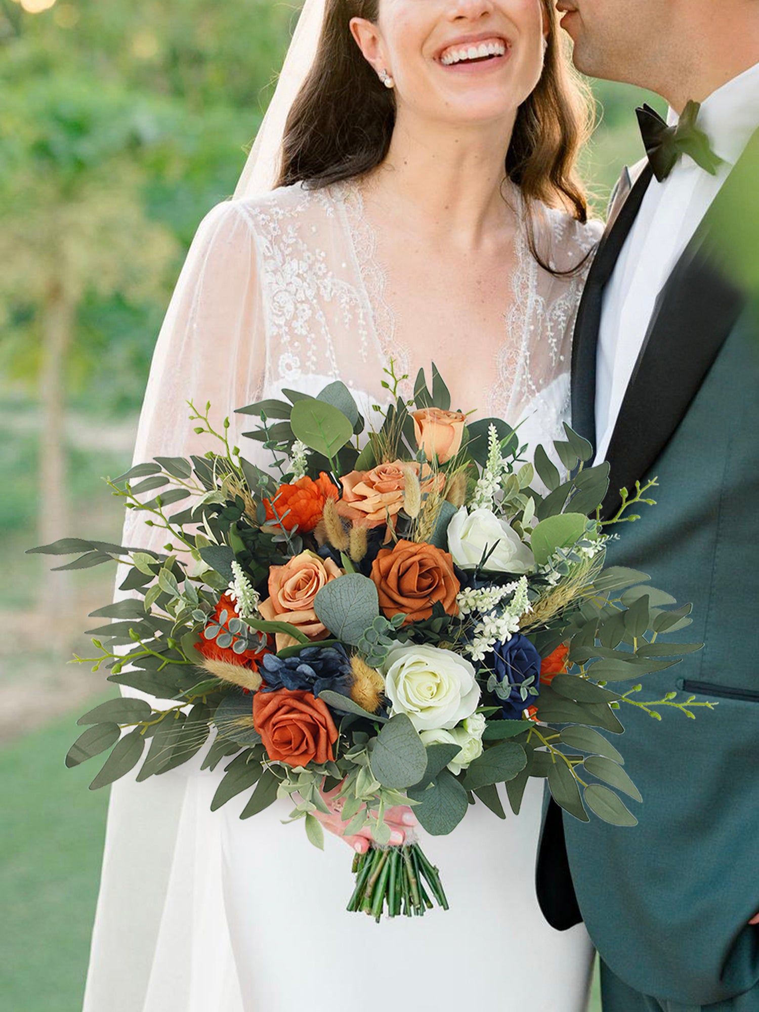 14 inch wide Navy Blue & Burnt Orange Bridal Bouquet