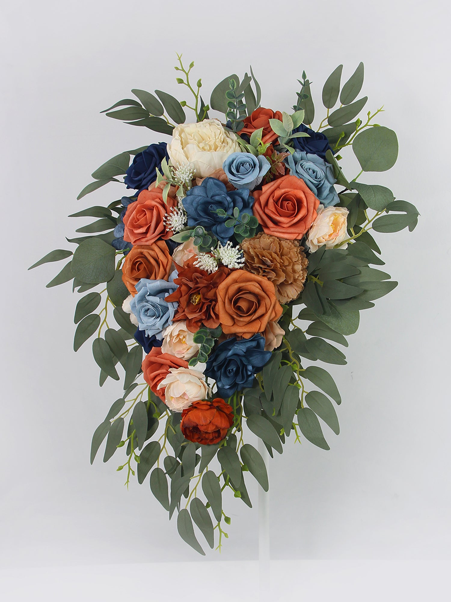 10 inch wide Navy Blue & Burnt Orange Cascading Bridal Bouquet