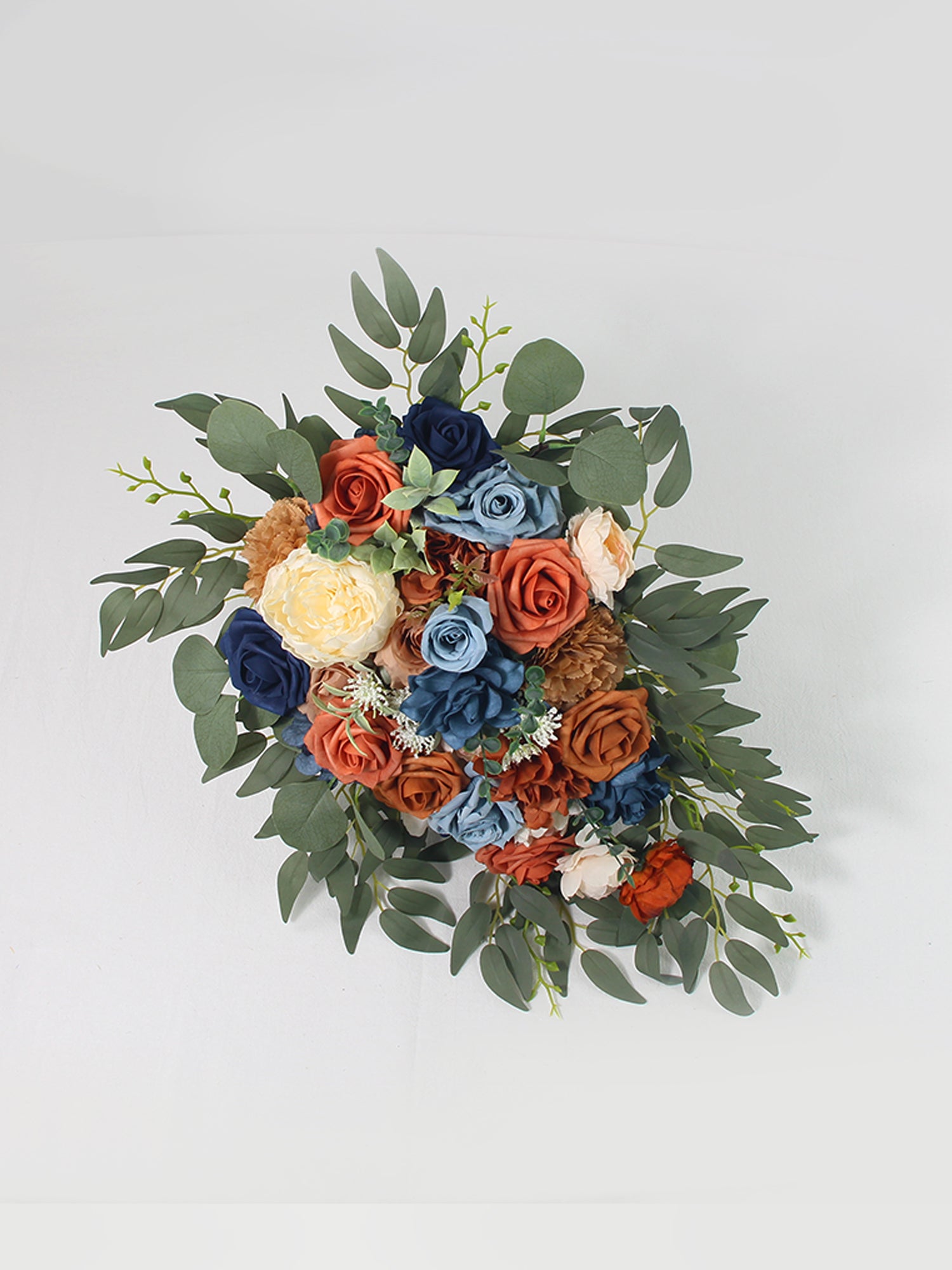 10 inch wide Navy Blue & Burnt Orange Cascading Bridal Bouquet