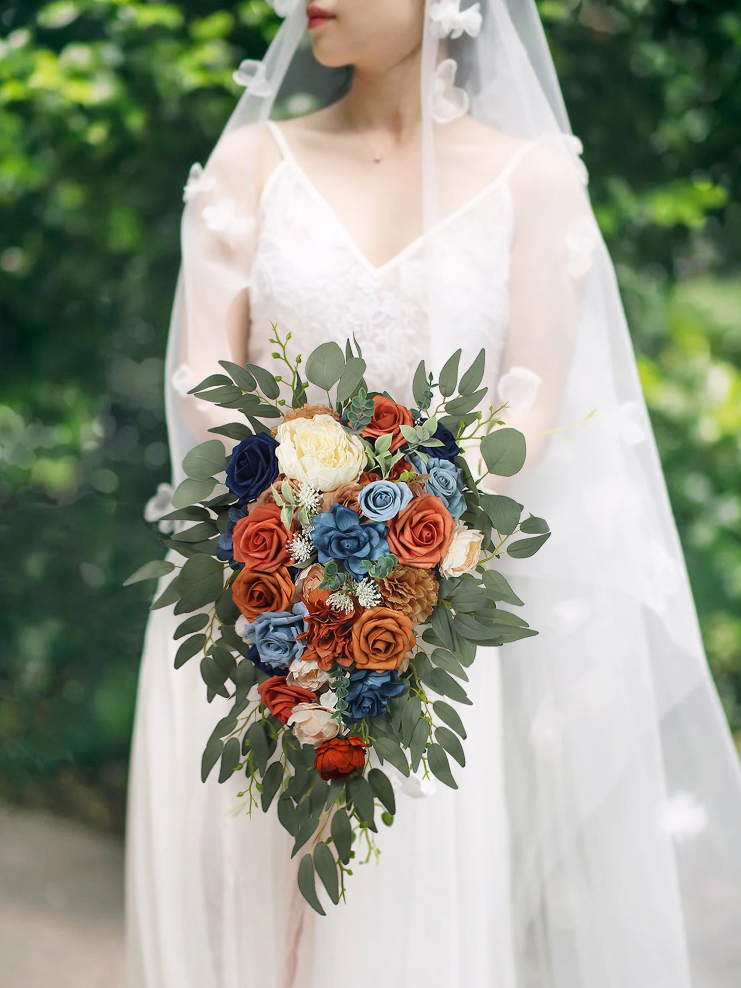 10 inch wide Navy Blue & Burnt Orange Cascading Bridal Bouquet