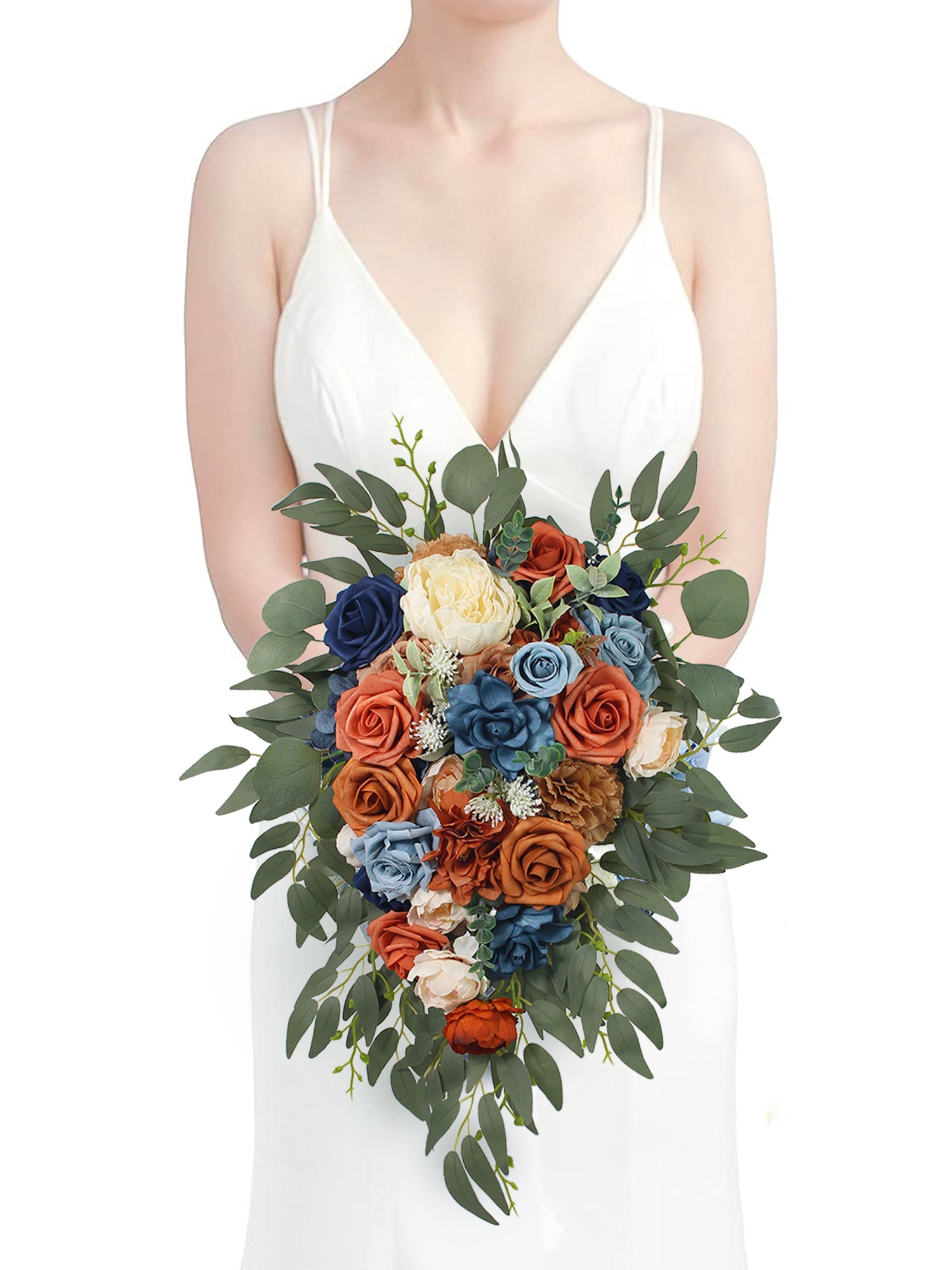 10 inch wide Navy Blue & Burnt Orange Cascading Bridal Bouquet