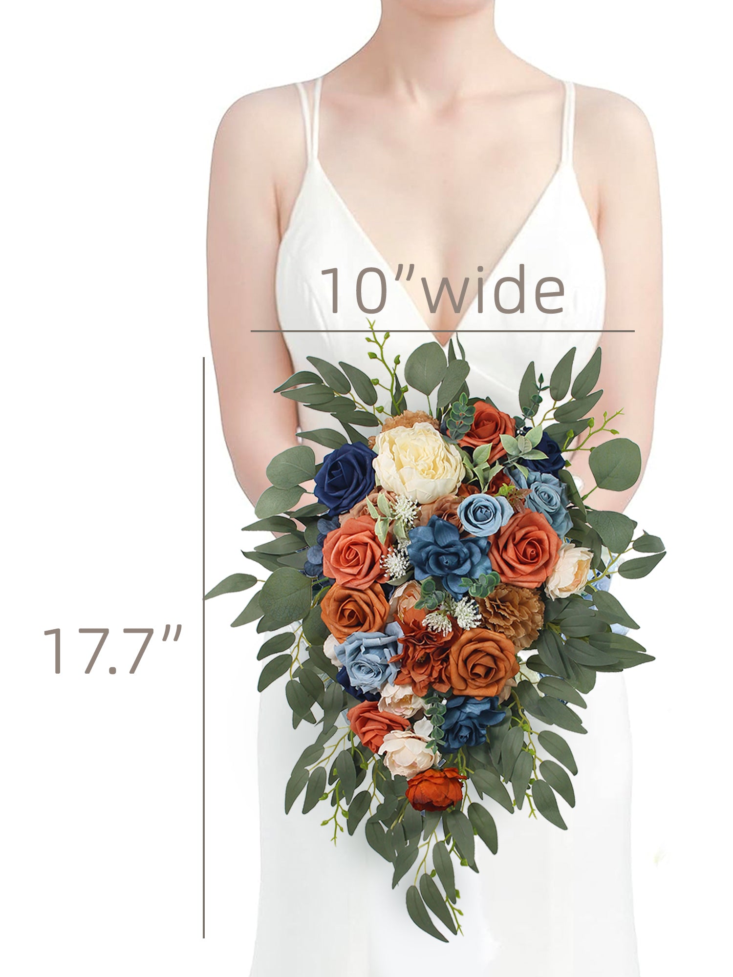 10 inch wide Navy Blue & Burnt Orange Cascading Bridal Bouquet