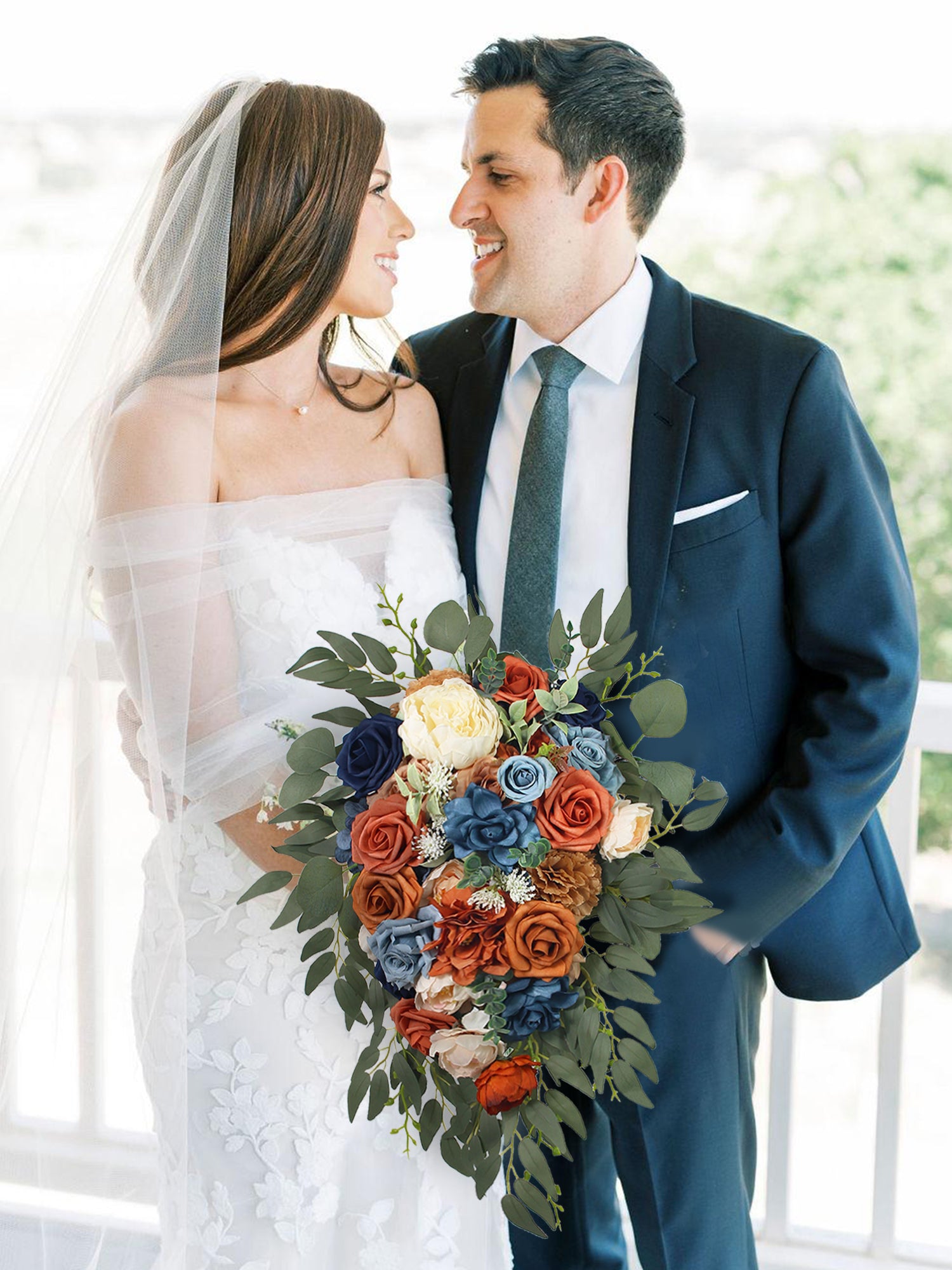 10 inch wide Navy Blue & Burnt Orange Cascading Bridal Bouquet