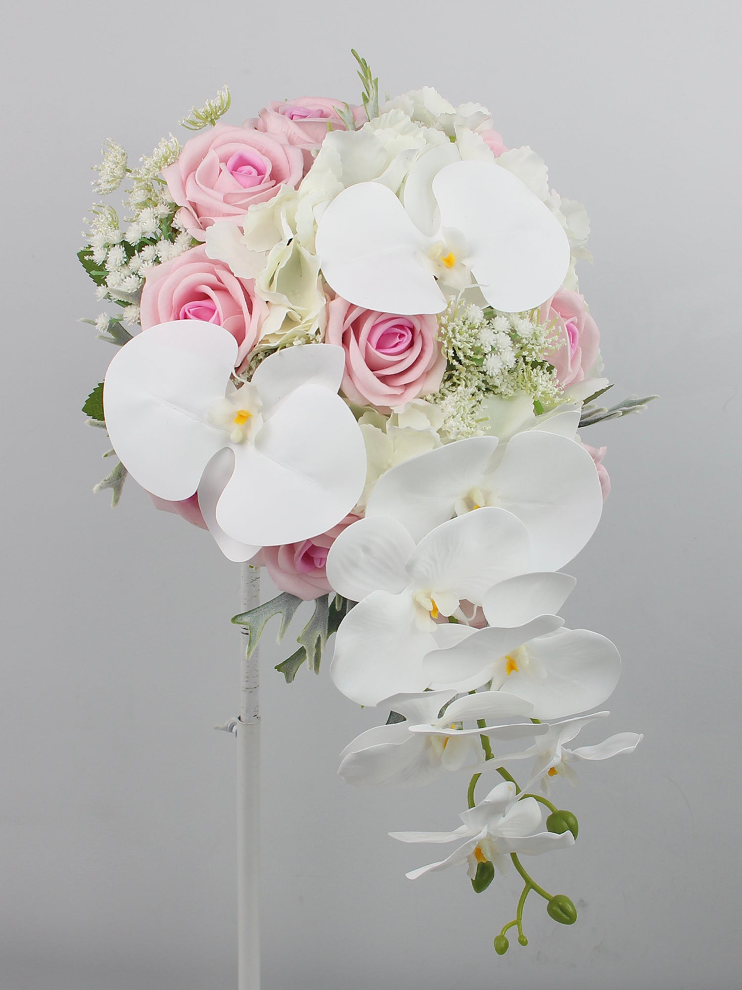 9 inch wide Pink & White Orchid Cascading Bridal Bouquet