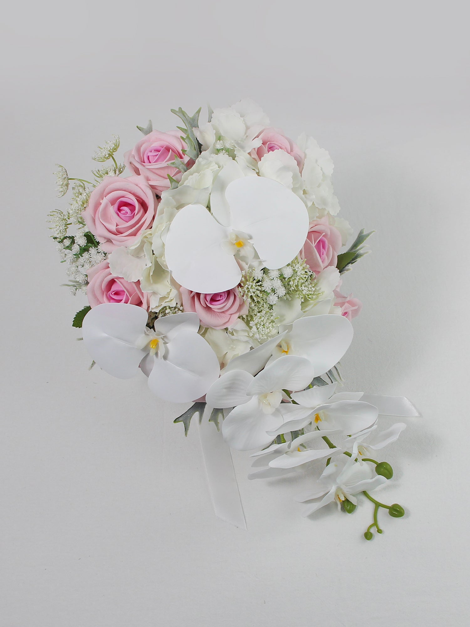 9 inch wide Pink & White Orchid Cascading Bridal Bouquet