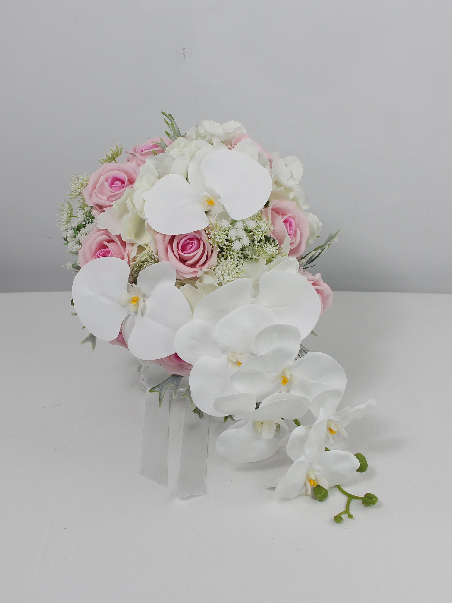 9 inch wide Pink & White Orchid Cascading Bridal Bouquet