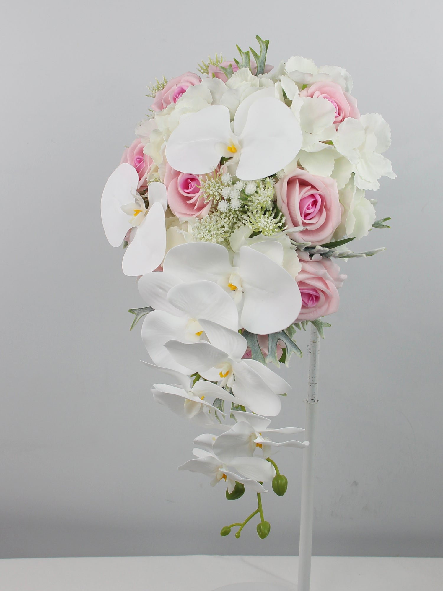 9 inch wide Pink & White Orchid Cascading Bridal Bouquet