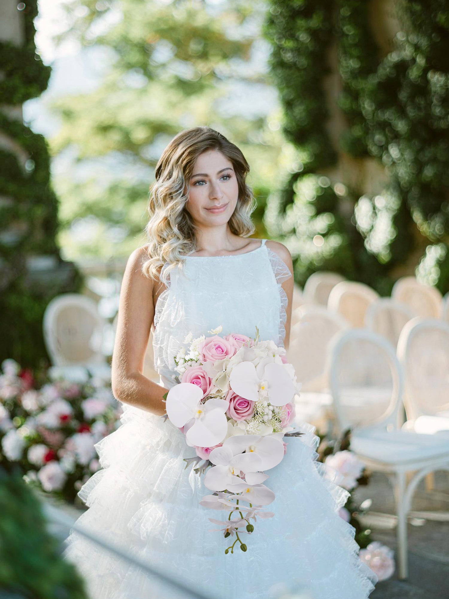 9 inch wide Pink & White Orchid Cascading Bridal Bouquet