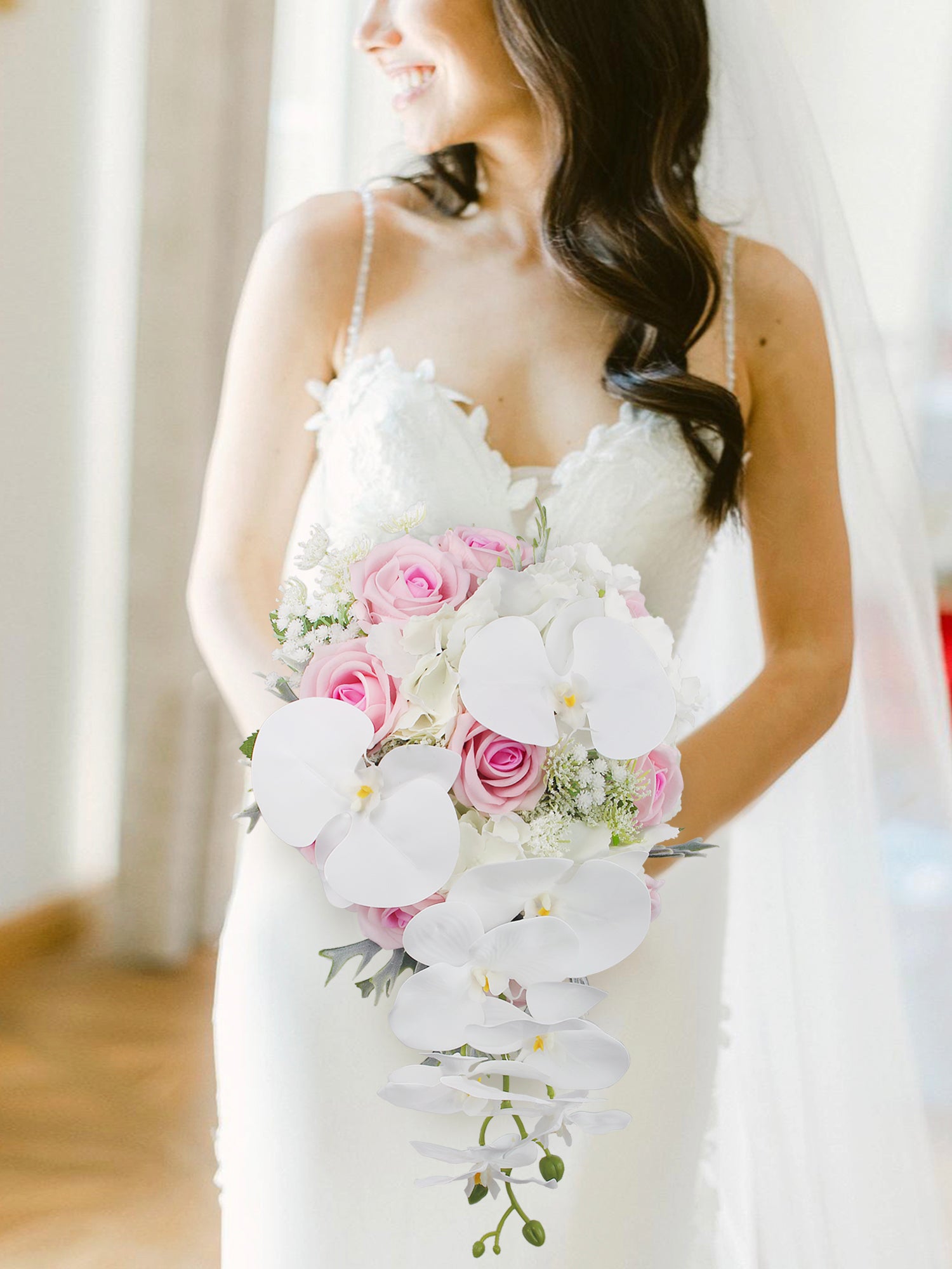 9 inch wide Pink & White Orchid Cascading Bridal Bouquet